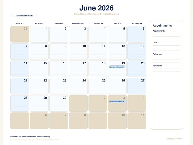 United States June 2026 Calendar - Appointment Calendar printable preview