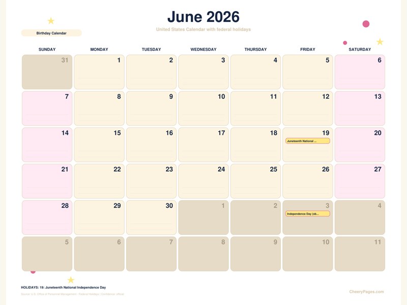 United States June 2026 Calendar - Birthday Calendar printable preview
