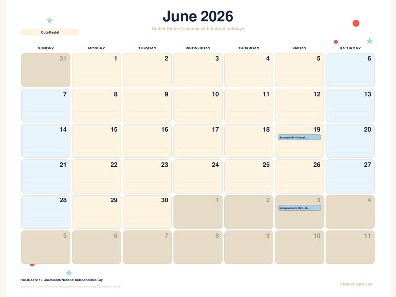 United States June 2026 Calendar - Cute Pastel printable preview