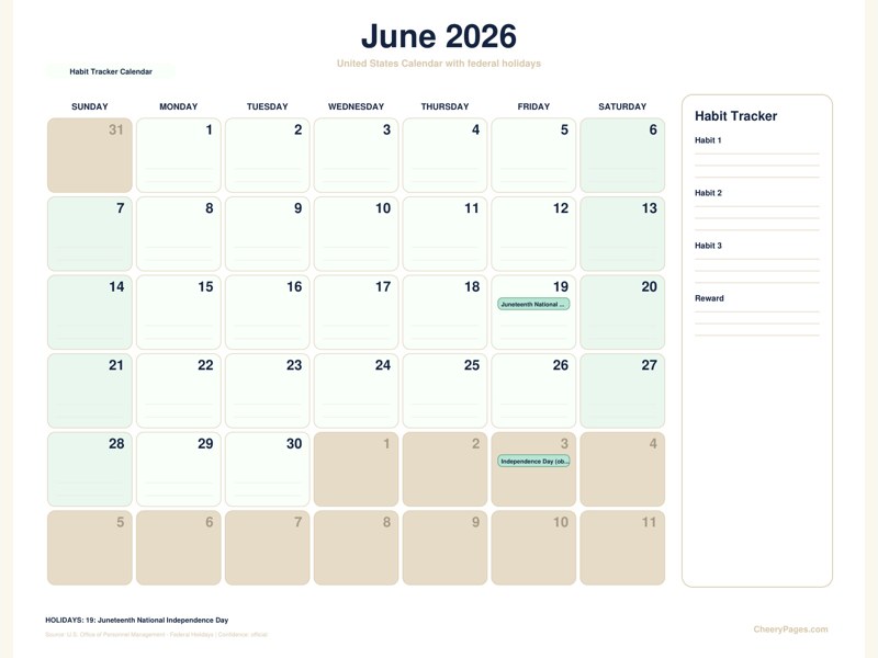 United States June 2026 Calendar - Habit Tracker Calendar printable preview
