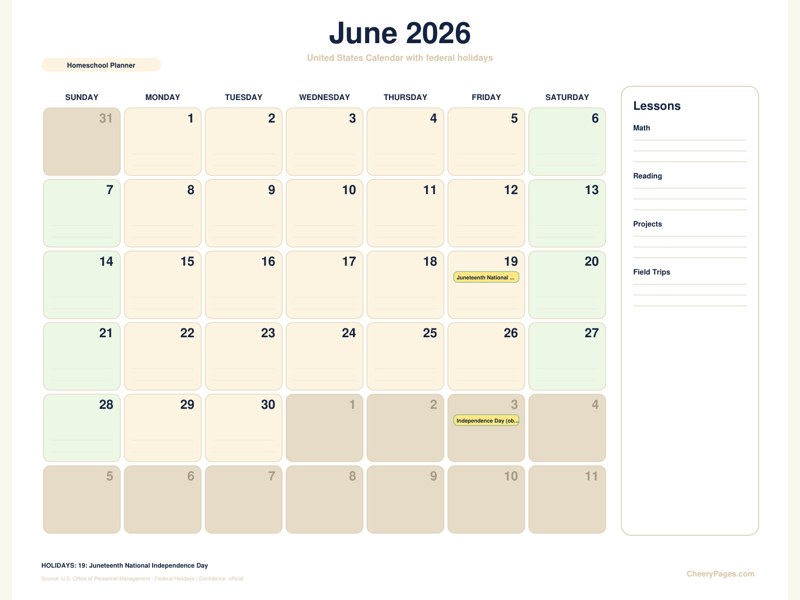 United States June 2026 Calendar - Homeschool Planner printable preview