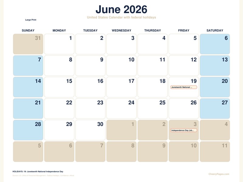 United States June 2026 Calendar - Large Print printable preview