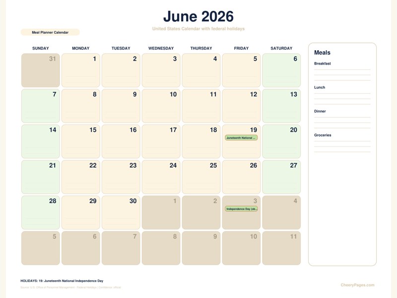 United States June 2026 Calendar - Meal Planner Calendar printable preview
