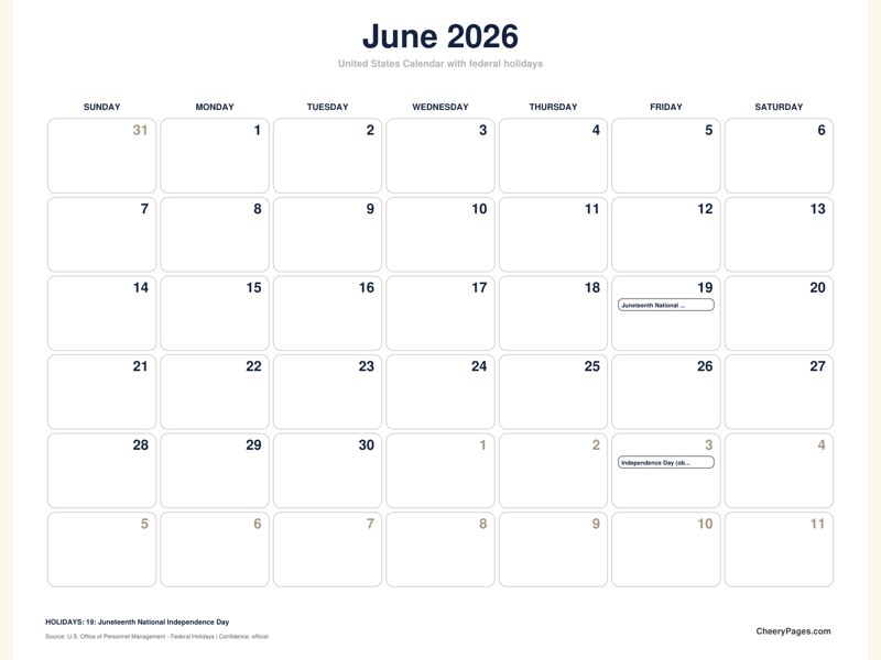 United States June 2026 Calendar - Minimal Ink printable preview