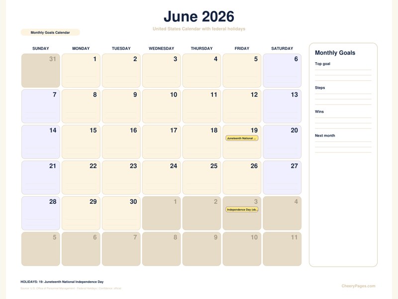 United States June 2026 Calendar - Monthly Goals Calendar printable preview