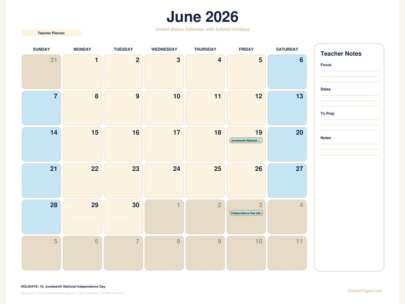 United States June 2026 Calendar - Teacher Planner printable preview