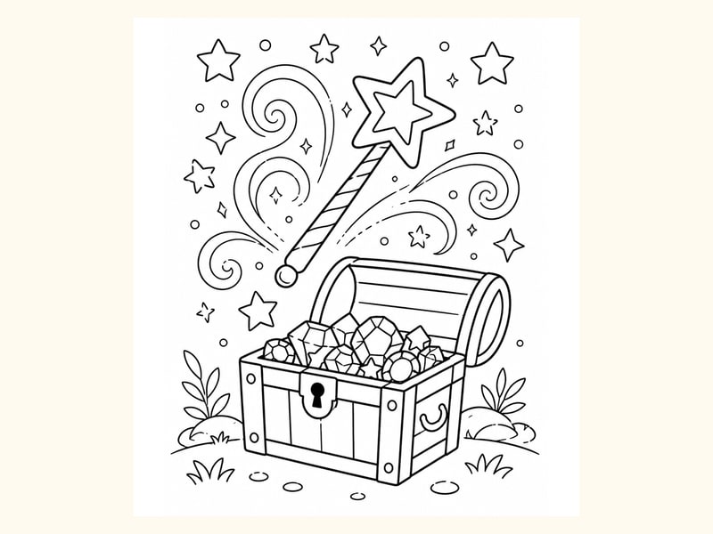 Wand Above a Treasure Chest with Stars printable preview