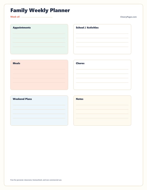 Family Weekly Planner printable preview