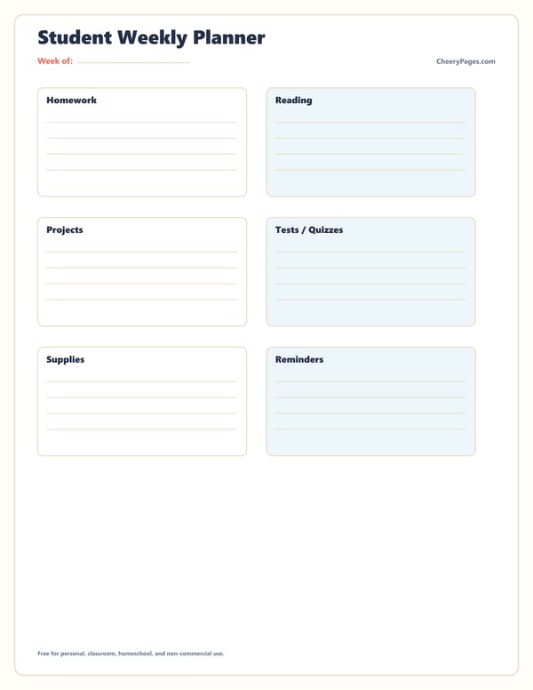 Student Weekly Planner printable preview