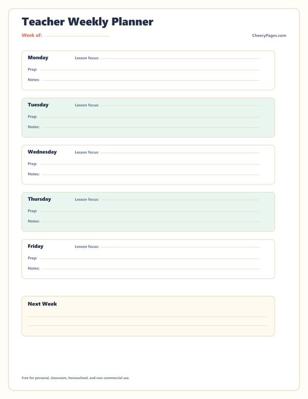 Teacher Weekly Planner printable preview