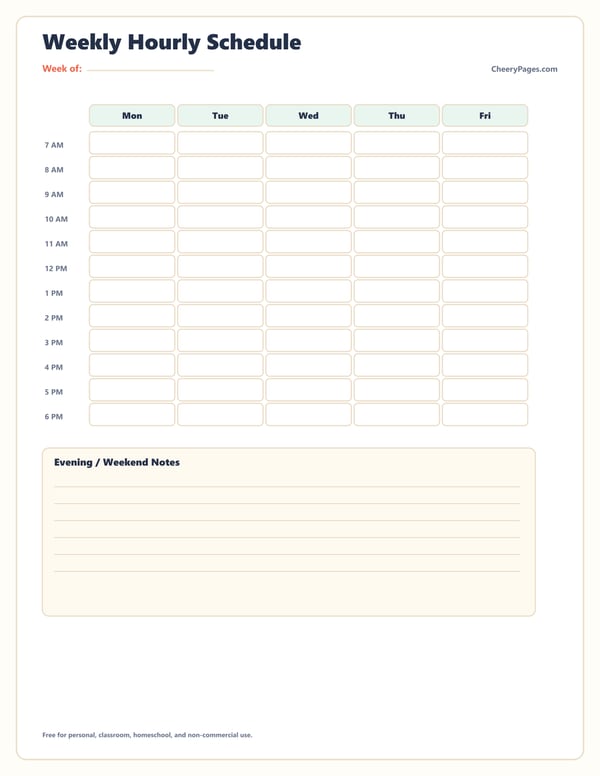 Weekly Hourly Schedule printable preview