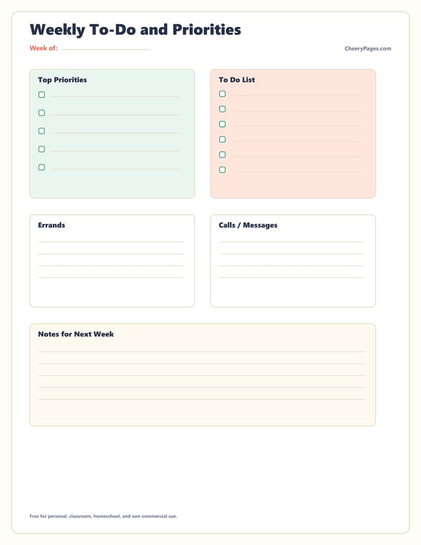 Weekly To-Do and Priorities printable preview