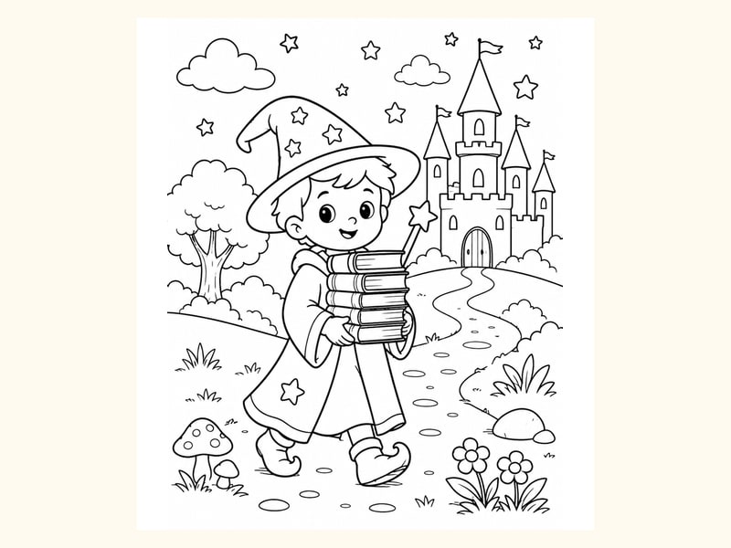 Wizard Apprentice Carrying Books with Wand printable preview