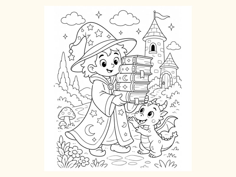 Wizard Carrying a Stack of Spell Books printable preview