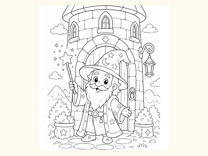 Wizard Holding a Wand While Standing at the Door of a Magical Tower printable preview