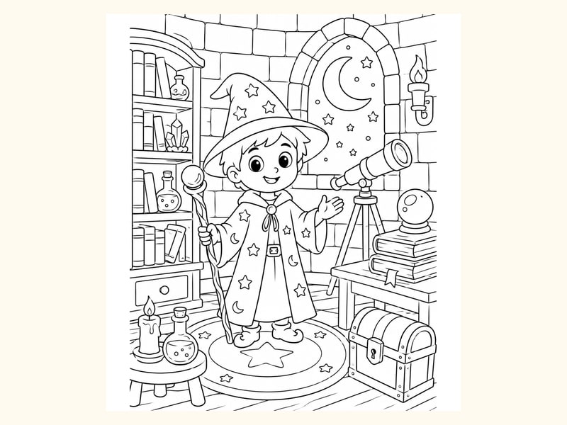 Wizard Inside a Magical Tower with Books printable preview