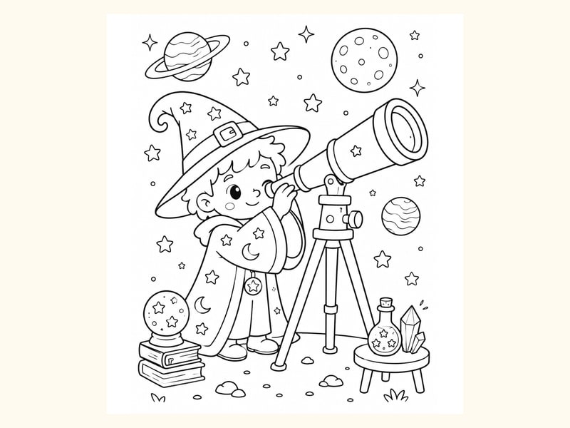 Wizard Looking Through a Telescope at Planets and Stars printable preview