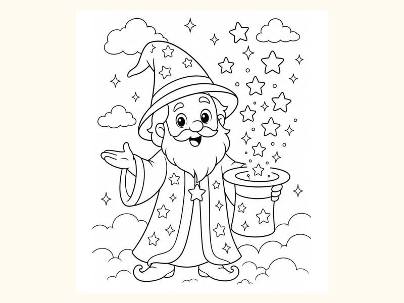 Wizard Making Stars Appear from a Hat printable preview