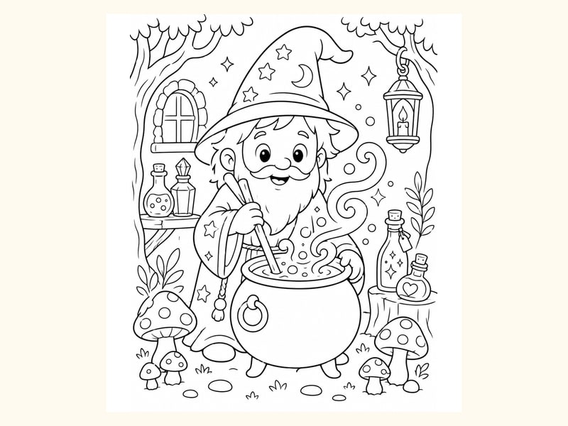 Wizard Mixing a Potion in a Cauldron beside Mushrooms and Bottles printable preview