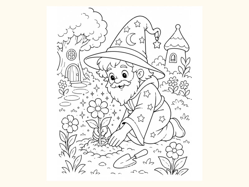 Wizard Planting Magical Flowers That Sparkle in a Garden printable preview