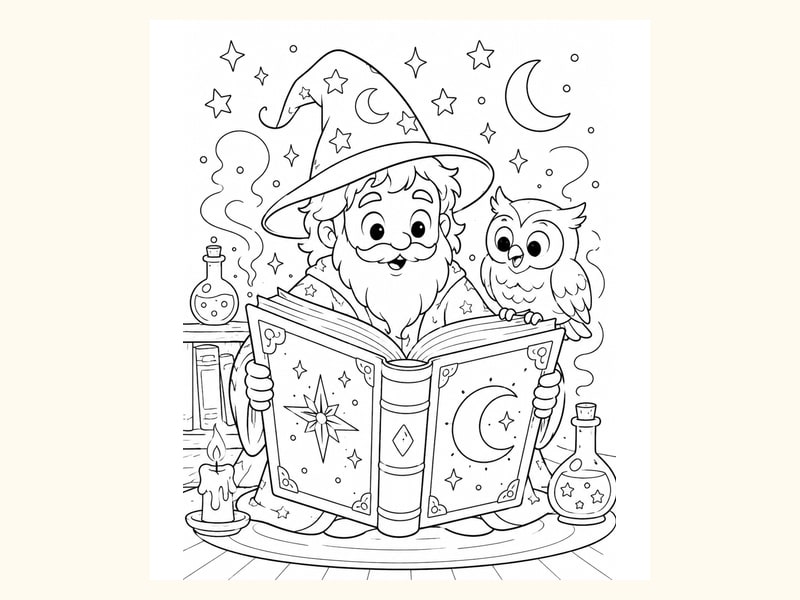 Wizard Reading a Giant Magic Book printable preview