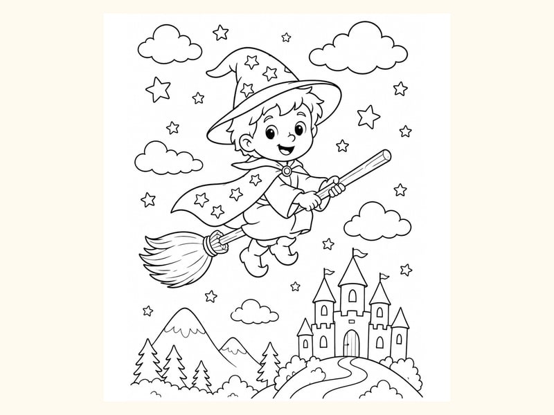 Wizard Riding a Broom Through a Sky Filled printable preview