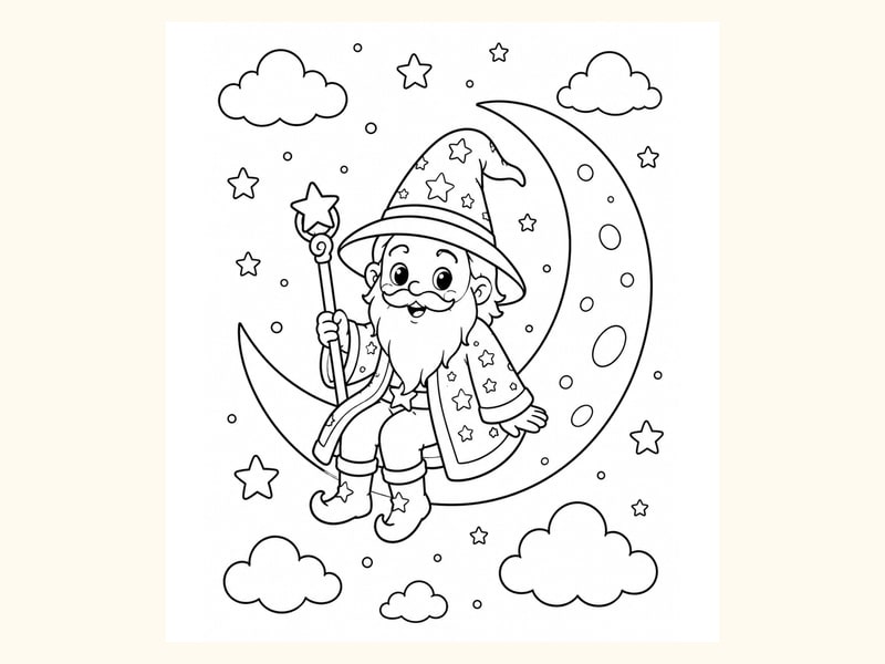 Wizard Sitting on a Crescent Moon printable preview