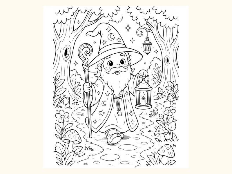 Wizard Walking Through an Enchanted Forest printable preview