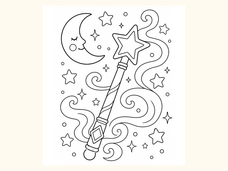 Wizard Wand with Moon printable preview