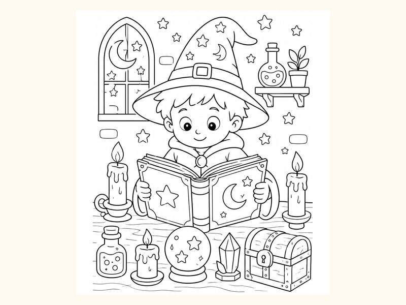 Young Wizard Reading a Spell Book printable preview
