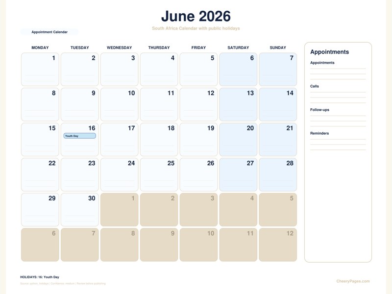 South Africa June 2026 Calendar - Appointment Calendar printable preview