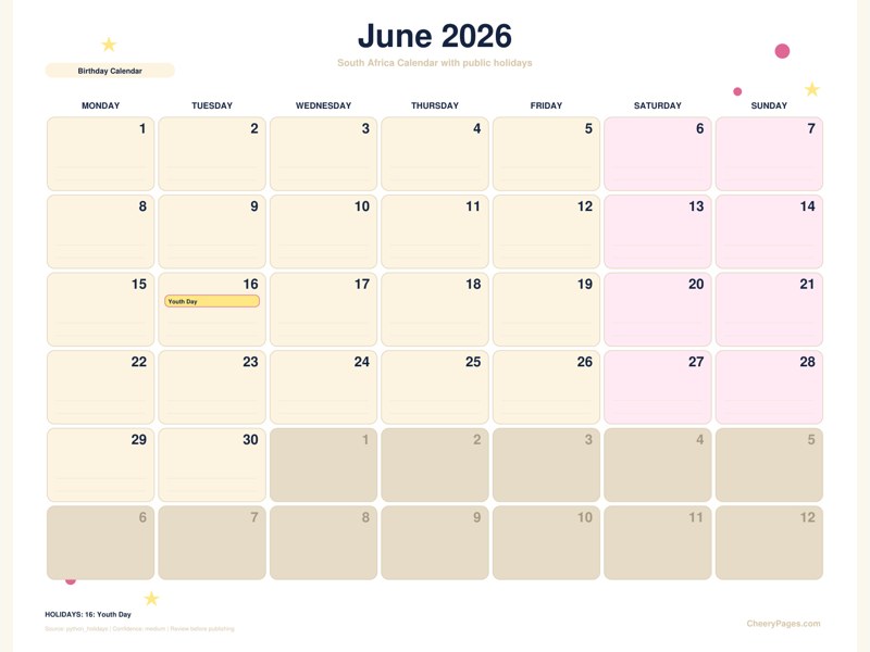 South Africa June 2026 Calendar - Birthday Calendar printable preview