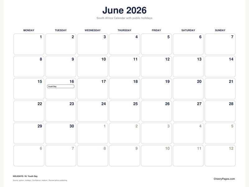 South Africa June 2026 Calendar - Black and White Ink Saver printable preview