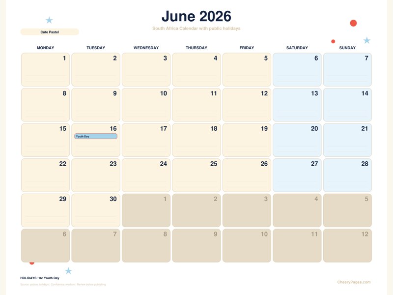 South Africa June 2026 Calendar - Cute Pastel printable preview