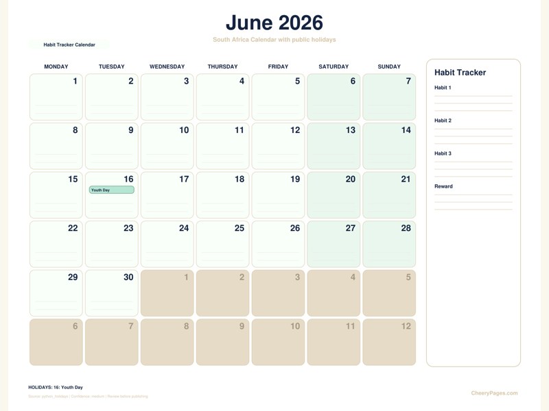 South Africa June 2026 Calendar - Habit Tracker Calendar printable preview