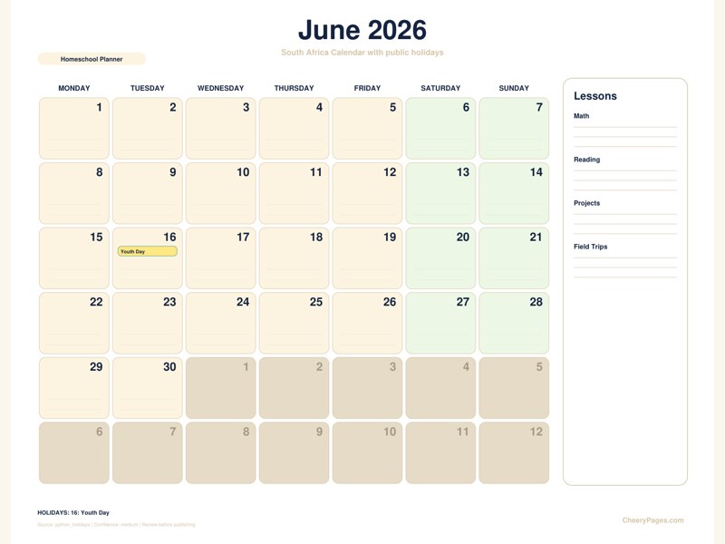 South Africa June 2026 Calendar - Homeschool Planner printable preview
