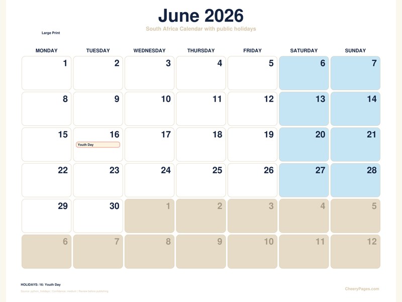 South Africa June 2026 Calendar - Large Print printable preview