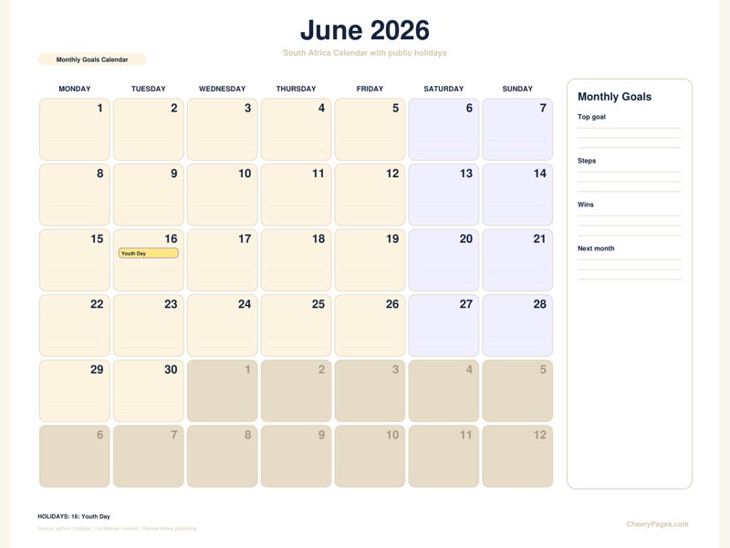 South Africa June 2026 Calendar - Monthly Goals Calendar printable preview
